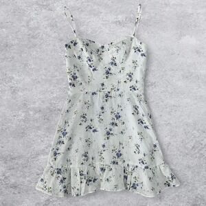 Reformation Linen Floral Mini Dress White Blue Ruffle Hem Sweetheart Neckline